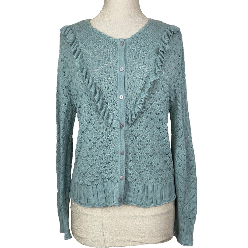 Sundance Sweater Cardigan Womens‎ L Green Ruffle Open Knit Button Front Boho